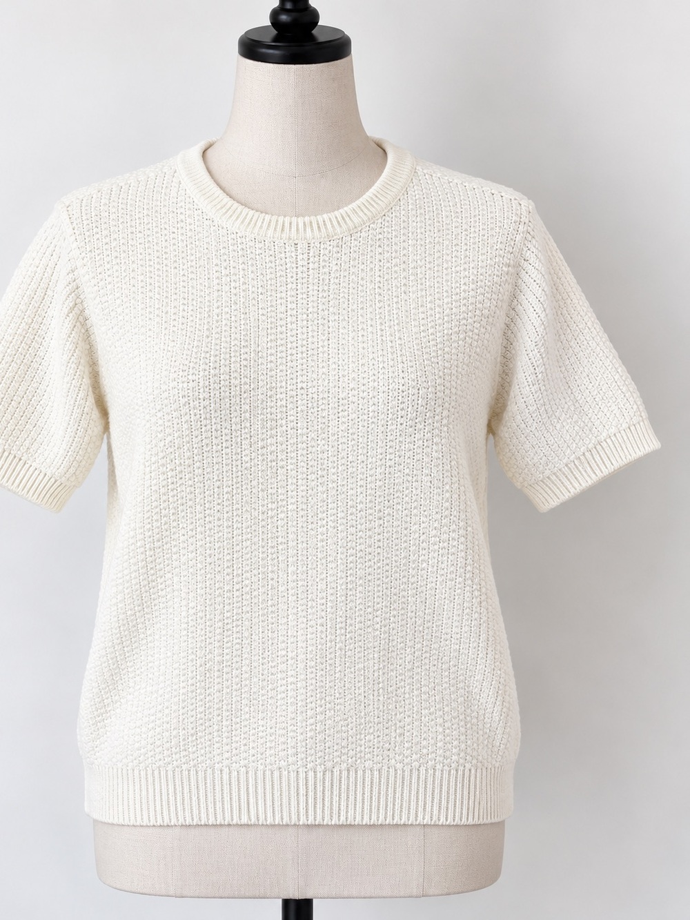 Classic Elements 100% Cotton Textured Knit Short Sleeve Sweater White Size L